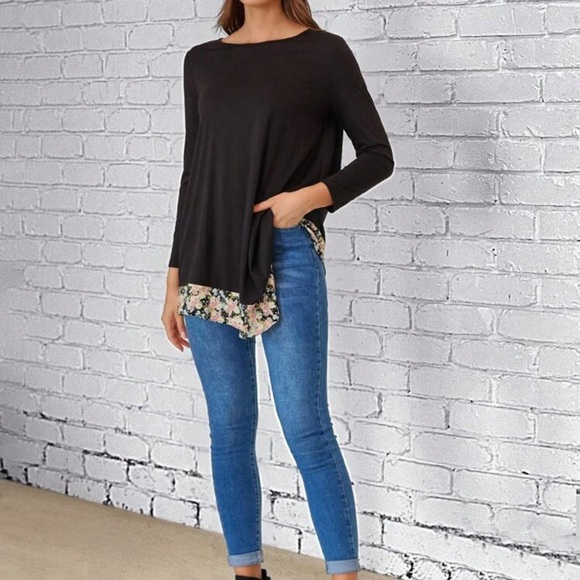 FLORAL HEM ASYMMETRICAL LONG SLEEVE TOP - Picture 3 of 4